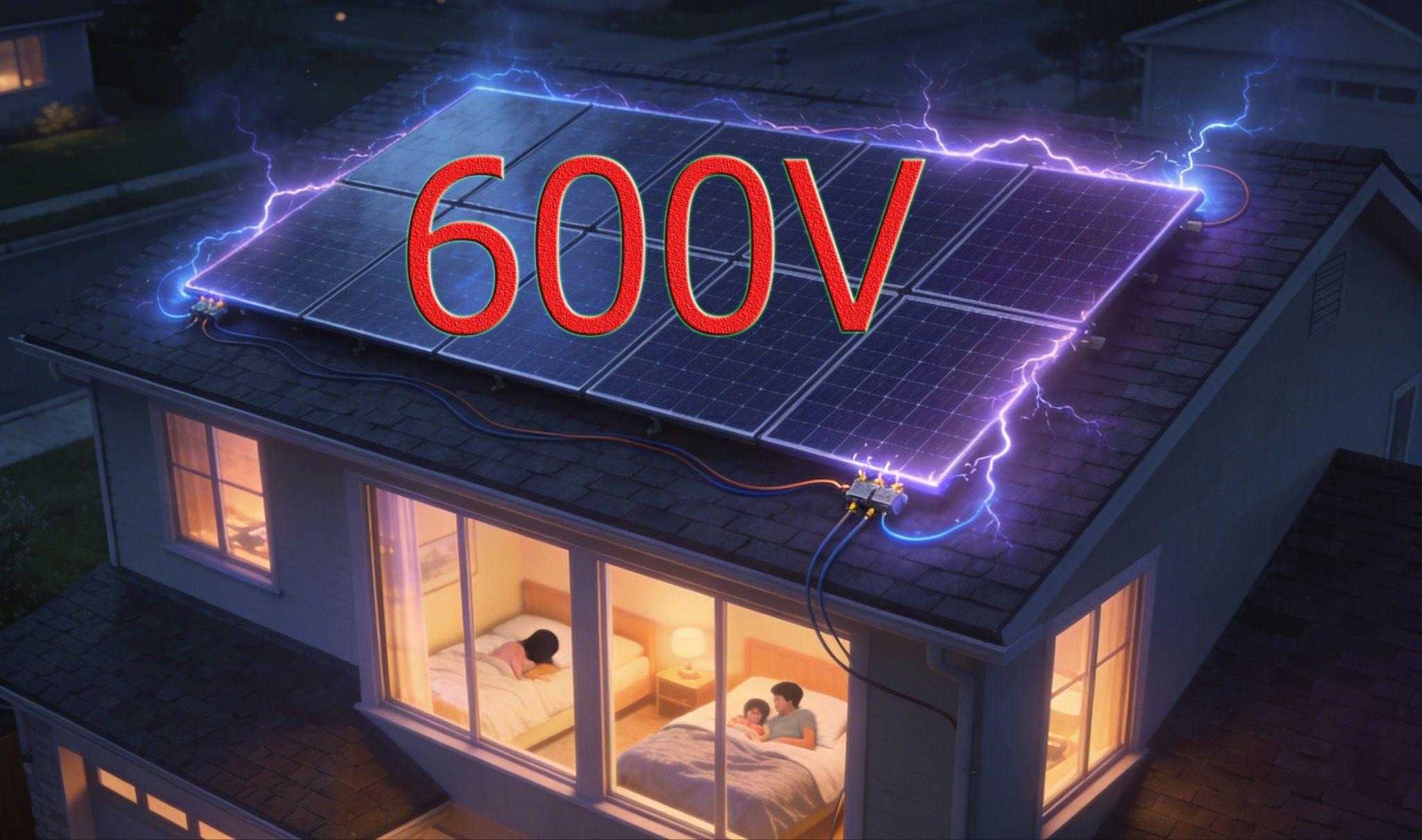 Rooftop solar array with 600V illustrated as electrical danger across the panels