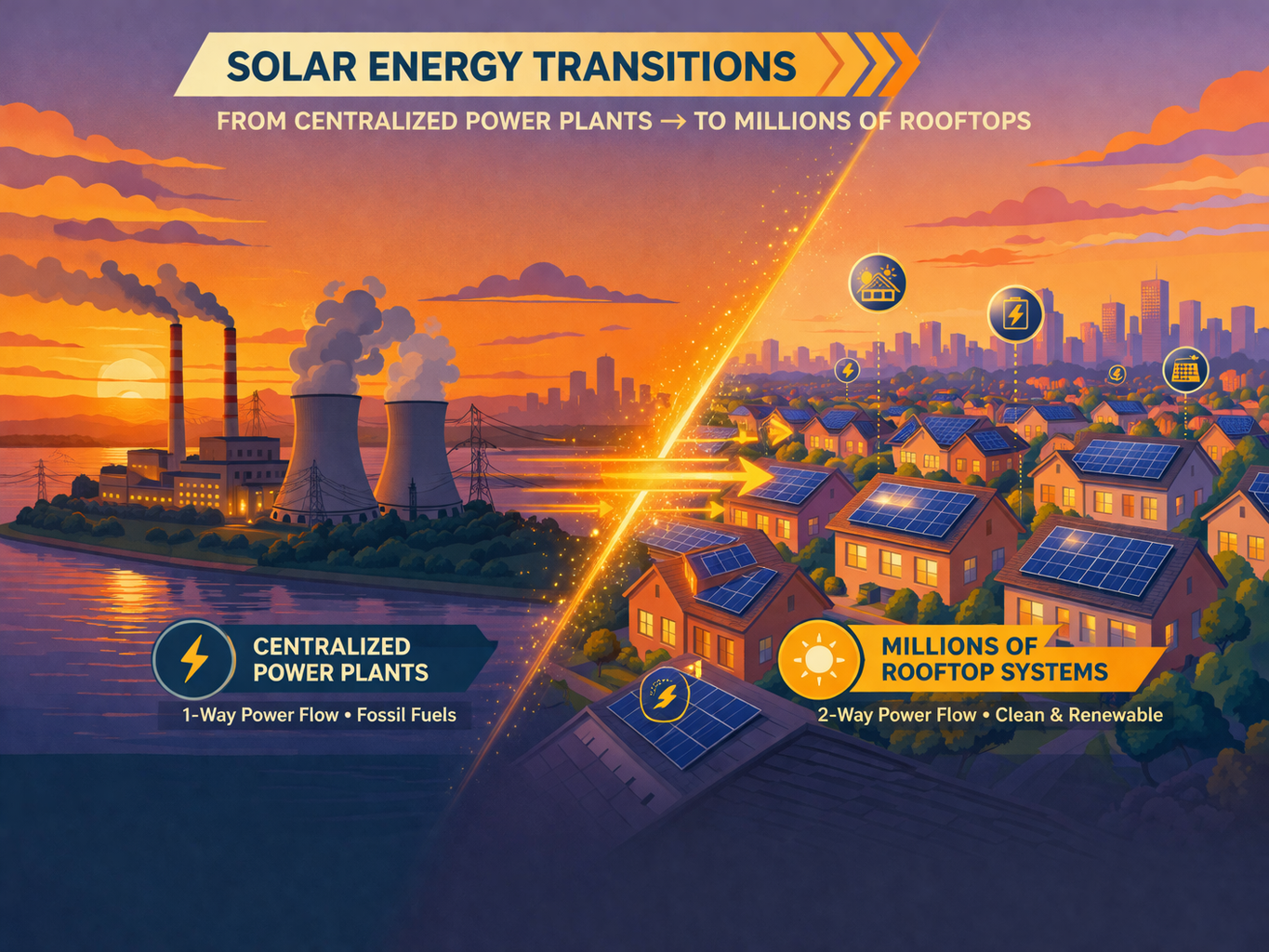 Coastline of homes with rooftop solar at sunset, light streaking across the community