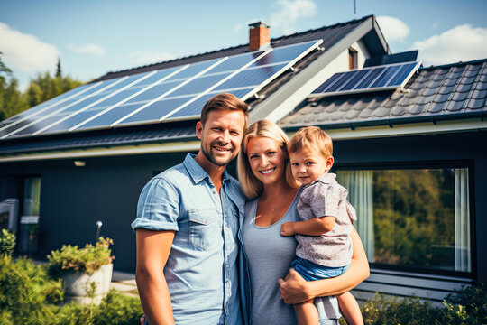 Family standing in front of a home with a rooftop solar array
