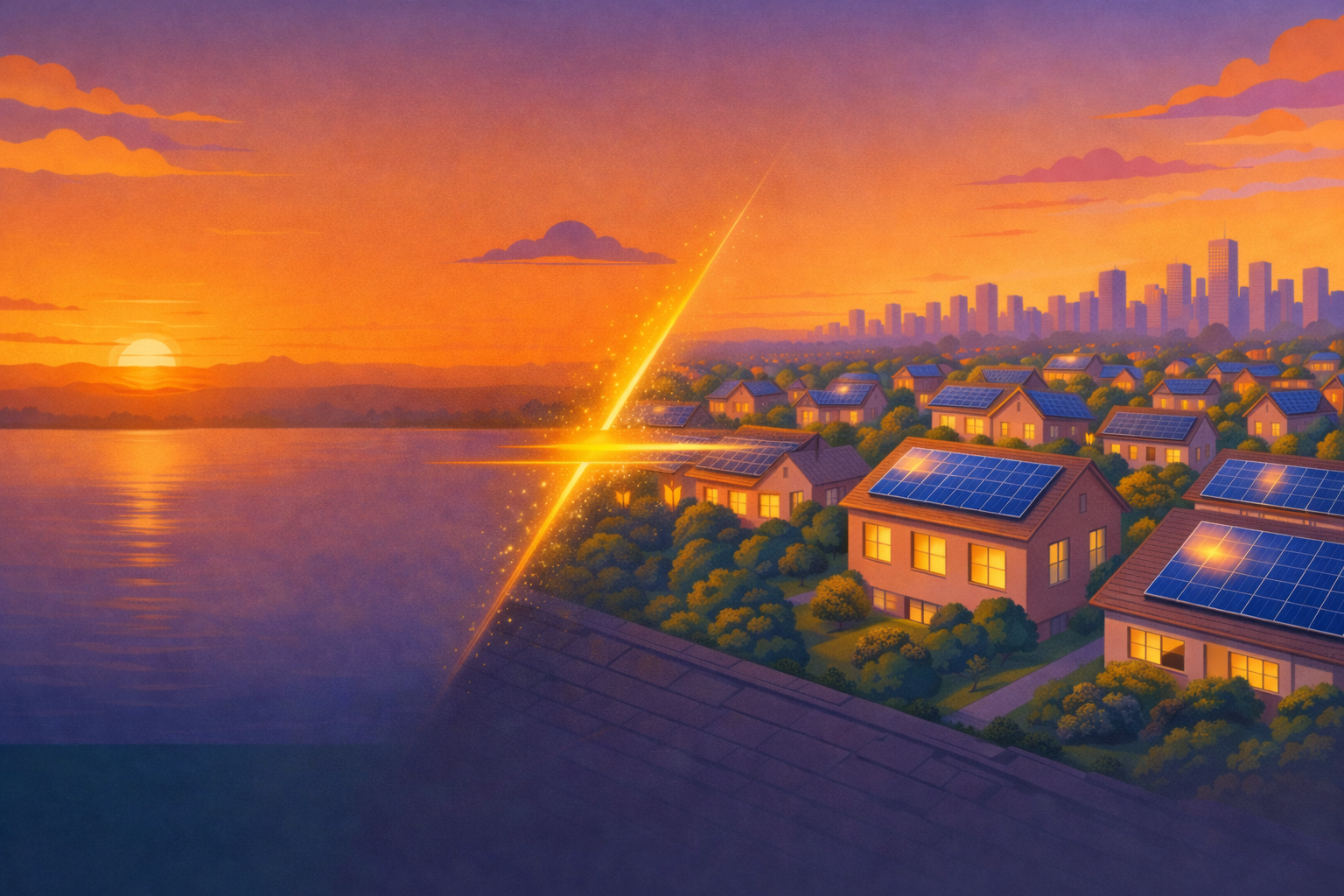Sunset over a community of rooftops carrying solar panels